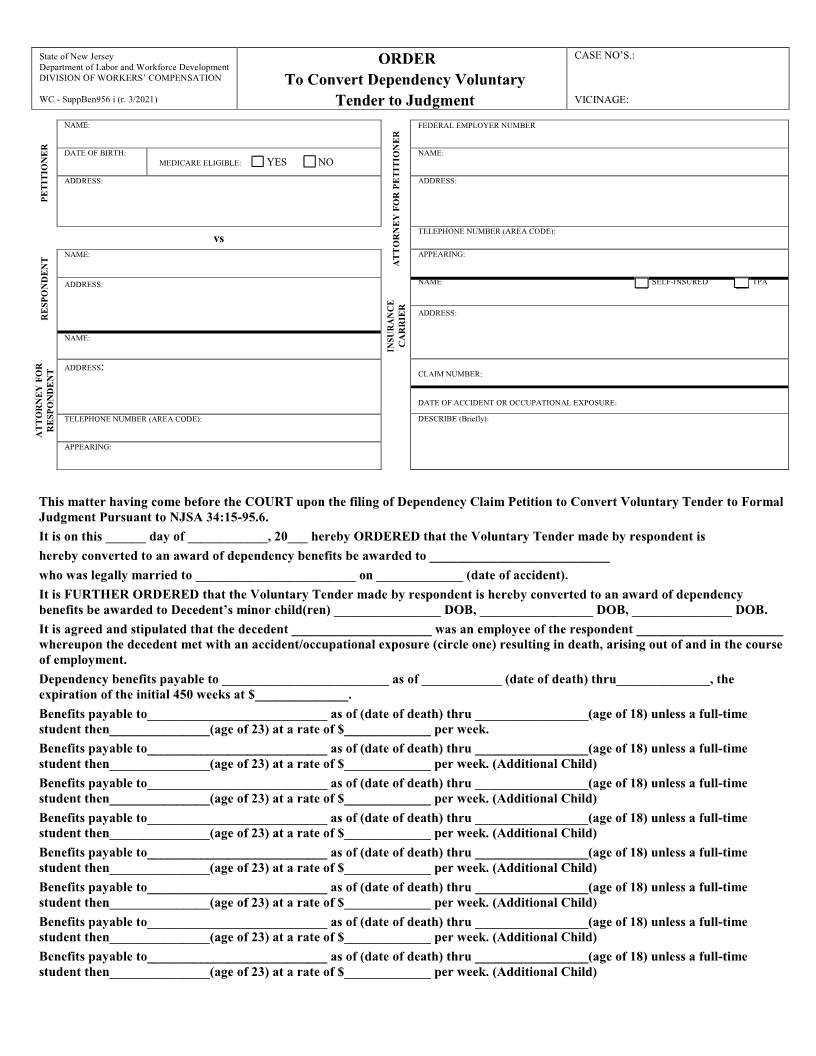Order To Convert Dependency Voluntary Tender To Judgment {WC-SuppBen956i} | Pdf Fpdf Docx | New Jersey