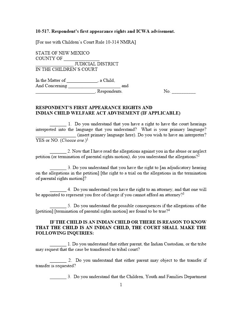 Respondents First Appearance Rights And ICWA Advisement {10-517} | Pdf Fpdf Docx | New Mexico