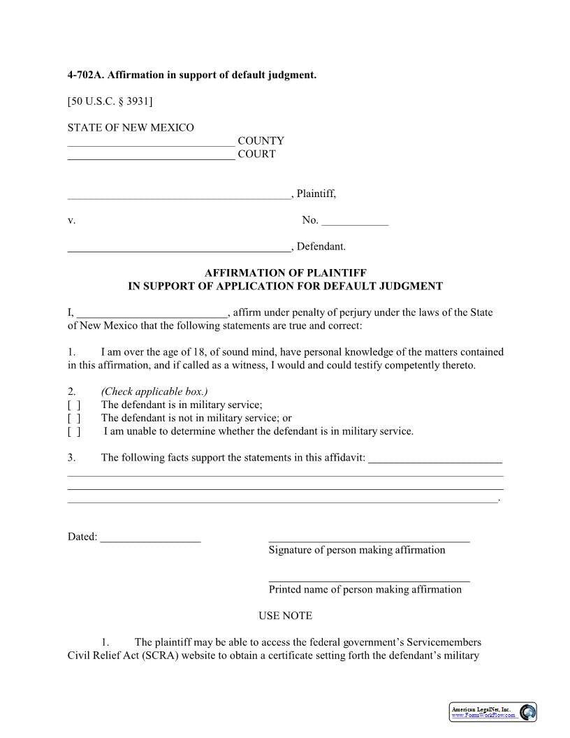Affirmation In Support Of Default Judgment {4-702A} | Pdf Fpdf Docx | New Mexico