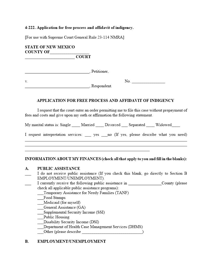 Application For Free Process {4-222} | Pdf Fpdf Docx | New Mexico