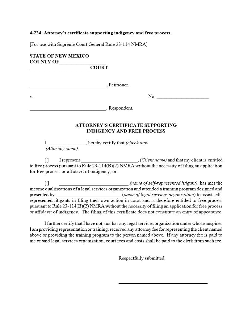 Attorney Certificate Supporting Indigency {4-224} | Pdf Fpdf Docx | New Mexico