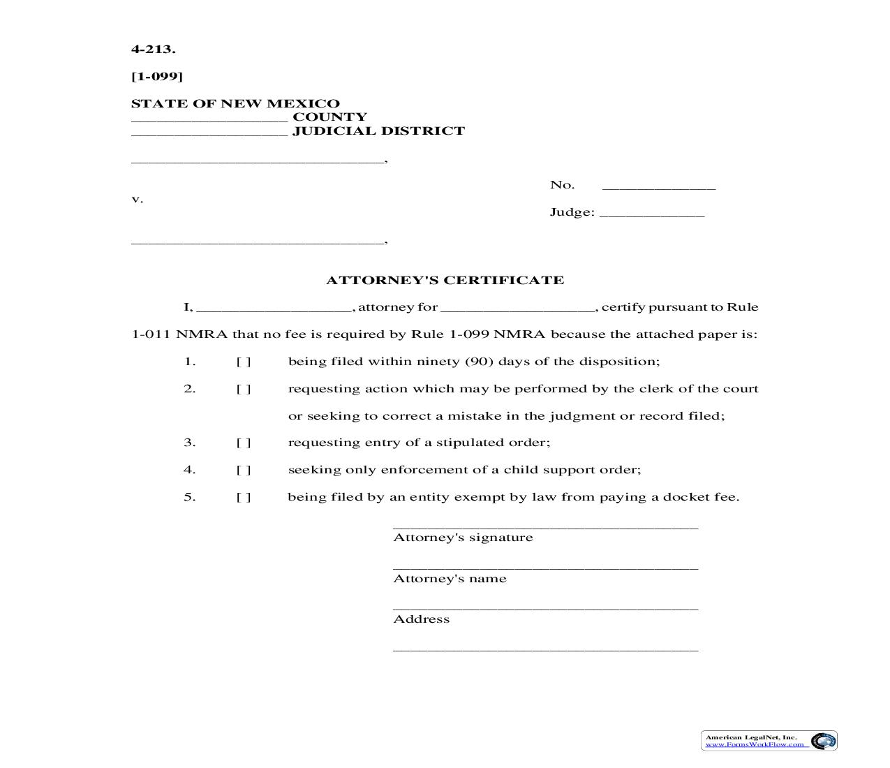 Attorneys Certificate {4-213} | Pdf Fpdf Doc Docx | New Mexico
