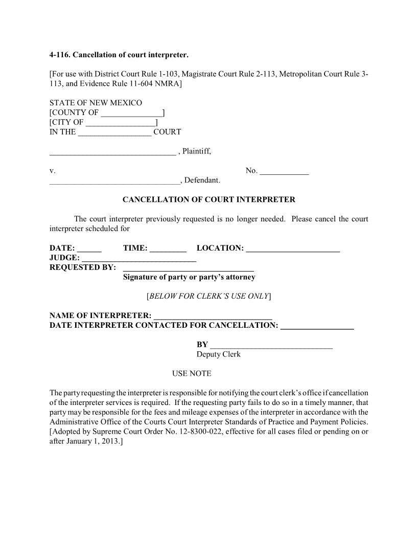 Cancellation Of Court Interpreter {4-116} | Pdf Fpdf Docx | New Mexico