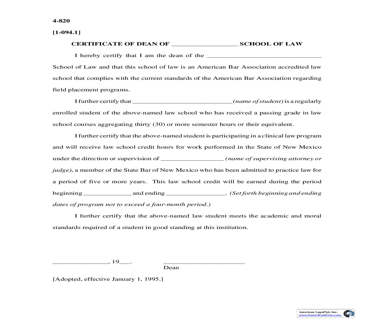 Certificate Of Dean Of School Of Law {4-820} | Pdf Fpdf Doc Docx | New Mexico