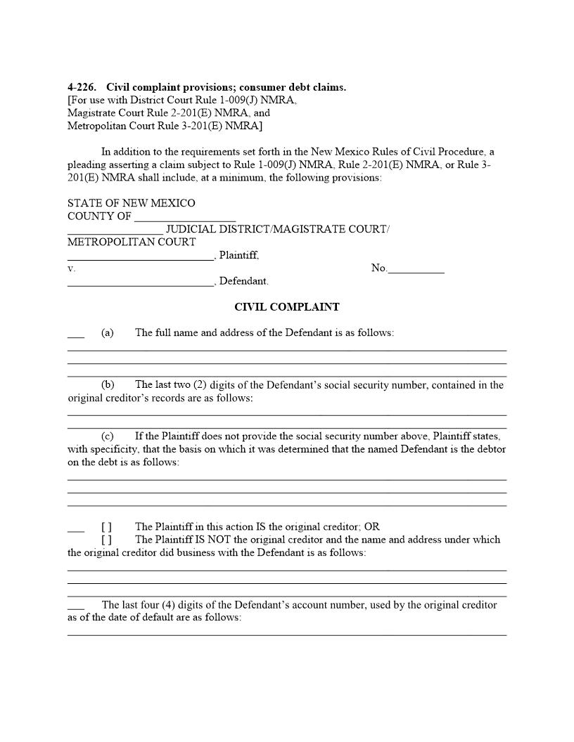 Civil Complaint (Consumer Debt) {4-226} | Pdf Fpdf Docx | New Mexico