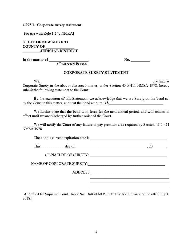 Corporate Surety Statement {4-995.1} | Pdf Fpdf Docx | New Mexico