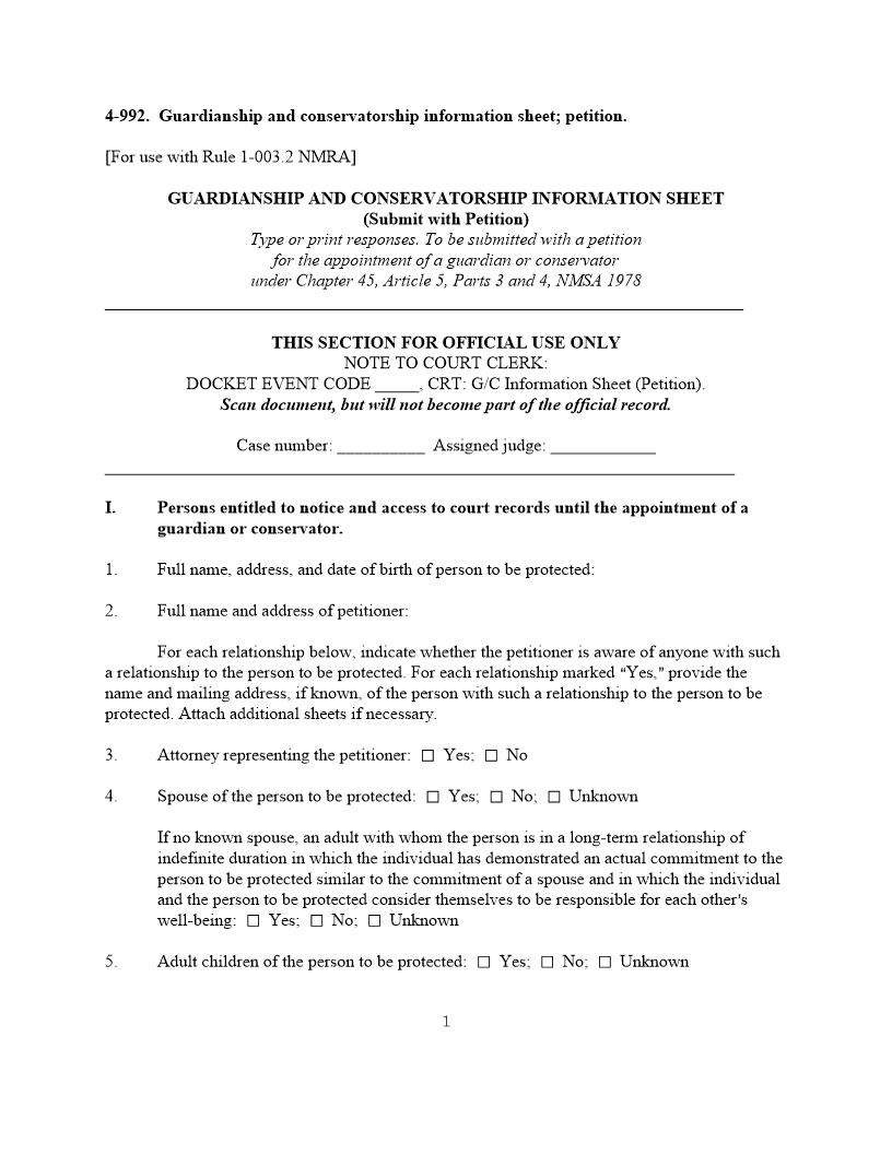 Guardianship And Conservatorship Information Sheet {4-992} | Pdf Fpdf Docx | New Mexico