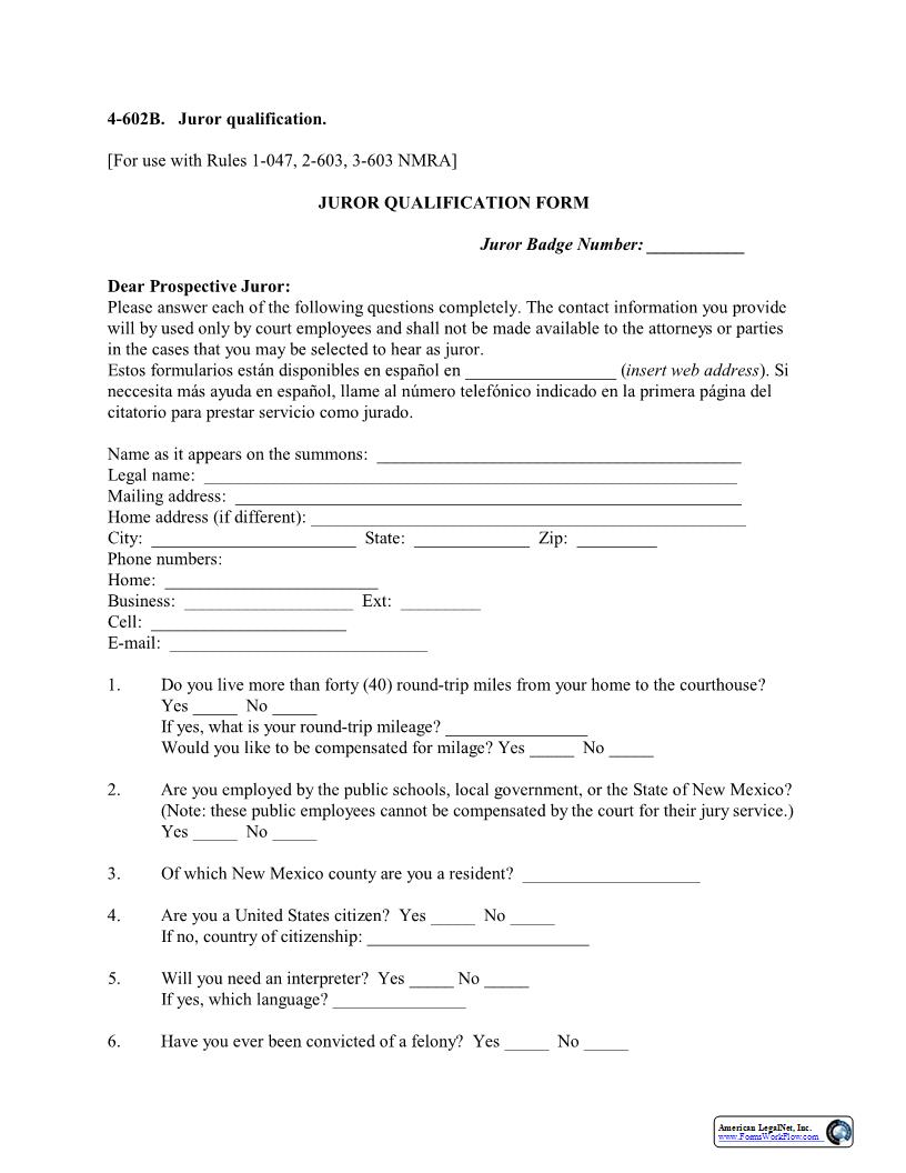Juror Qualification {4-602B} | Pdf Fpdf Docx | New Mexico