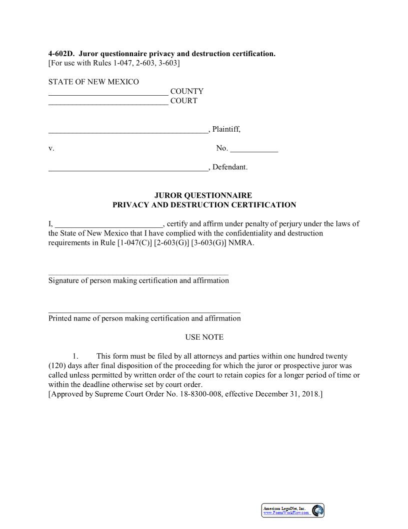 Juror Questionaire Privacy And Destruction Certification {4-602D} | Pdf Fpdf Docx | New Mexico