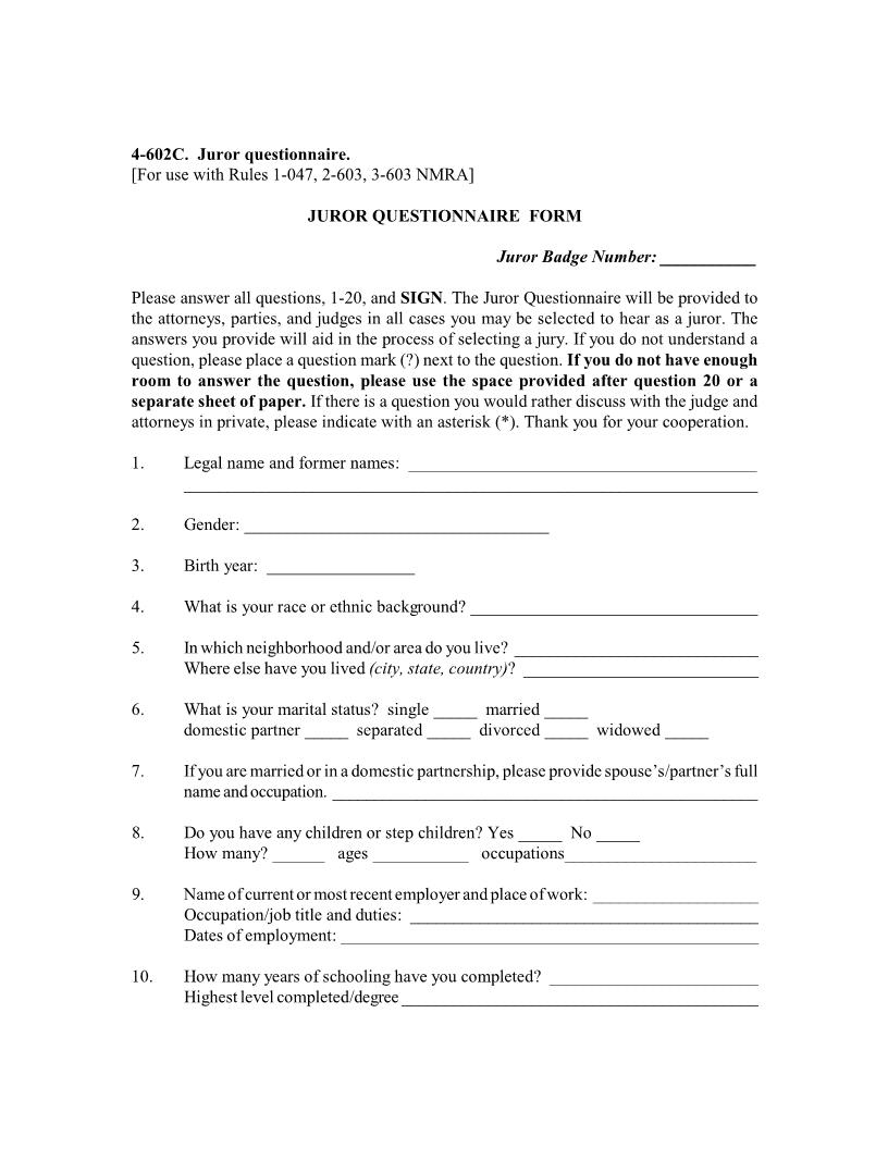 Juror Questionnaire {4-602C} | Pdf Fpdf Docx | New Mexico