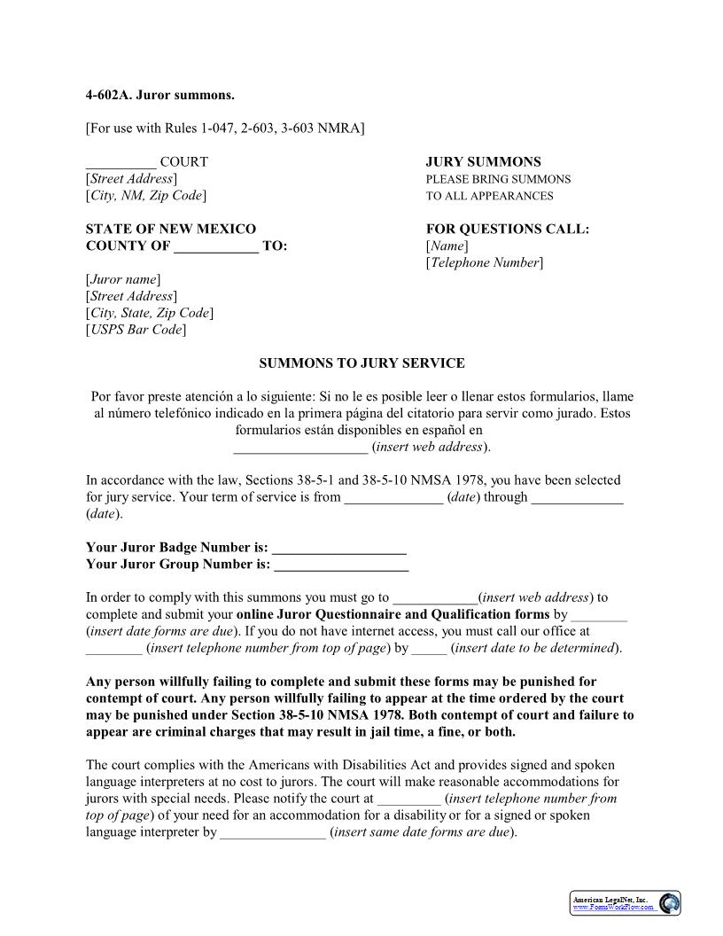 Juror Summons {4-602A} | Pdf Fpdf Docx | New Mexico