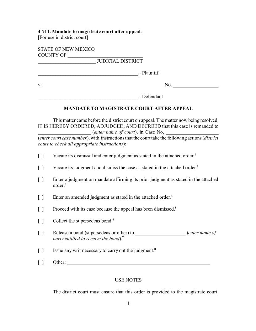 Mandate To Magistrate Court After Appeal {4-711} | Pdf Fpdf Docx | New Mexico
