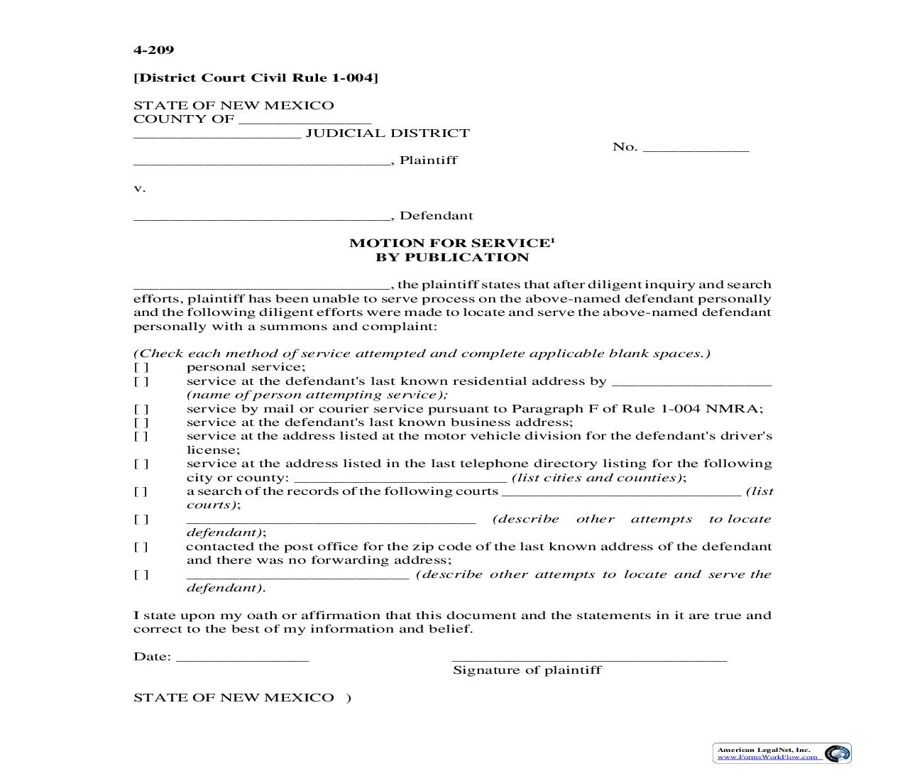 Motion For Service By Publication {4-209} | Pdf Fpdf Doc Docx | New Mexico
