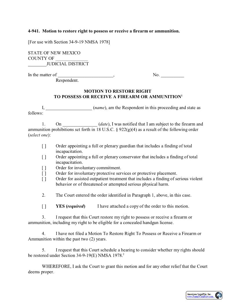 Motion To Restore Firearm Possession {4-941} | Pdf Fpdf Docx | New Mexico