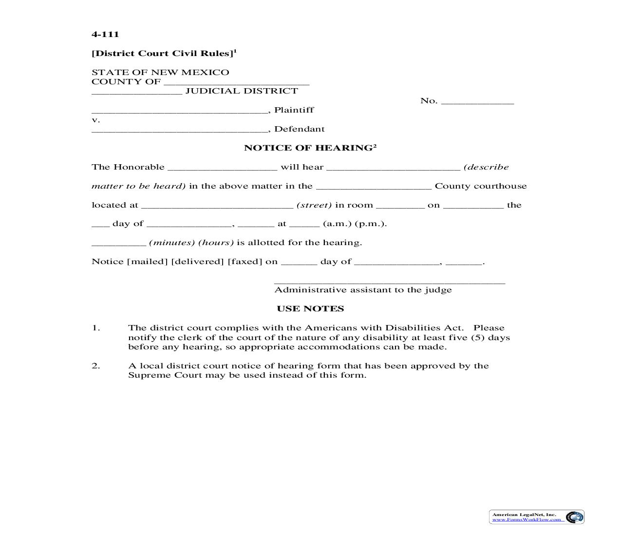 Notice Of Hearing {4-111} | Pdf Fpdf Doc Docx | New Mexico