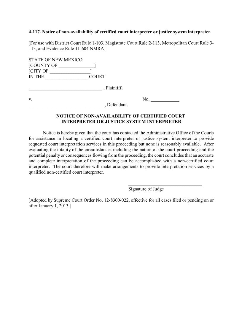 Notice Of Non-availability Of Interpreter {4-117} | Pdf Fpdf Docx | New Mexico