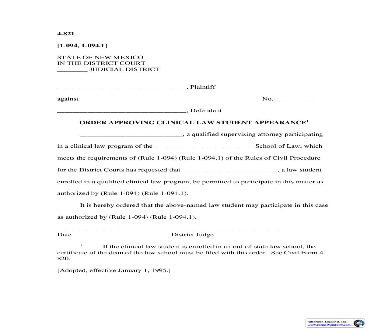 Order Approving Clinical Law Student Appearance {4-821} | Pdf Fpdf Doc Docx | New Mexico