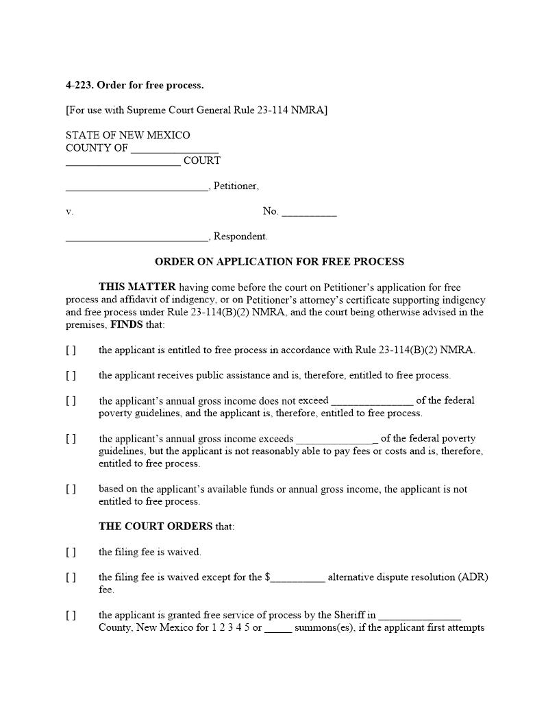 Order For Free Process {4-223} | Pdf Fpdf Docx | New Mexico