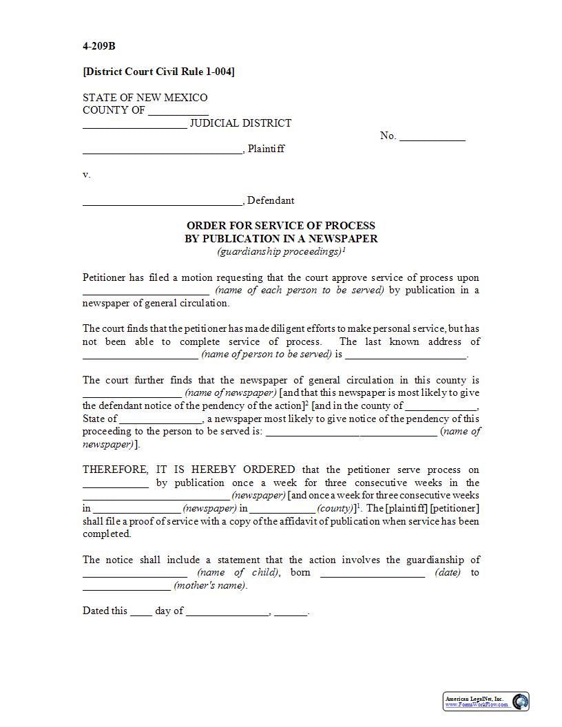 Order For Service Of Process By Publication Guardianship {4-209B} | Pdf Fpdf Docx | New Mexico