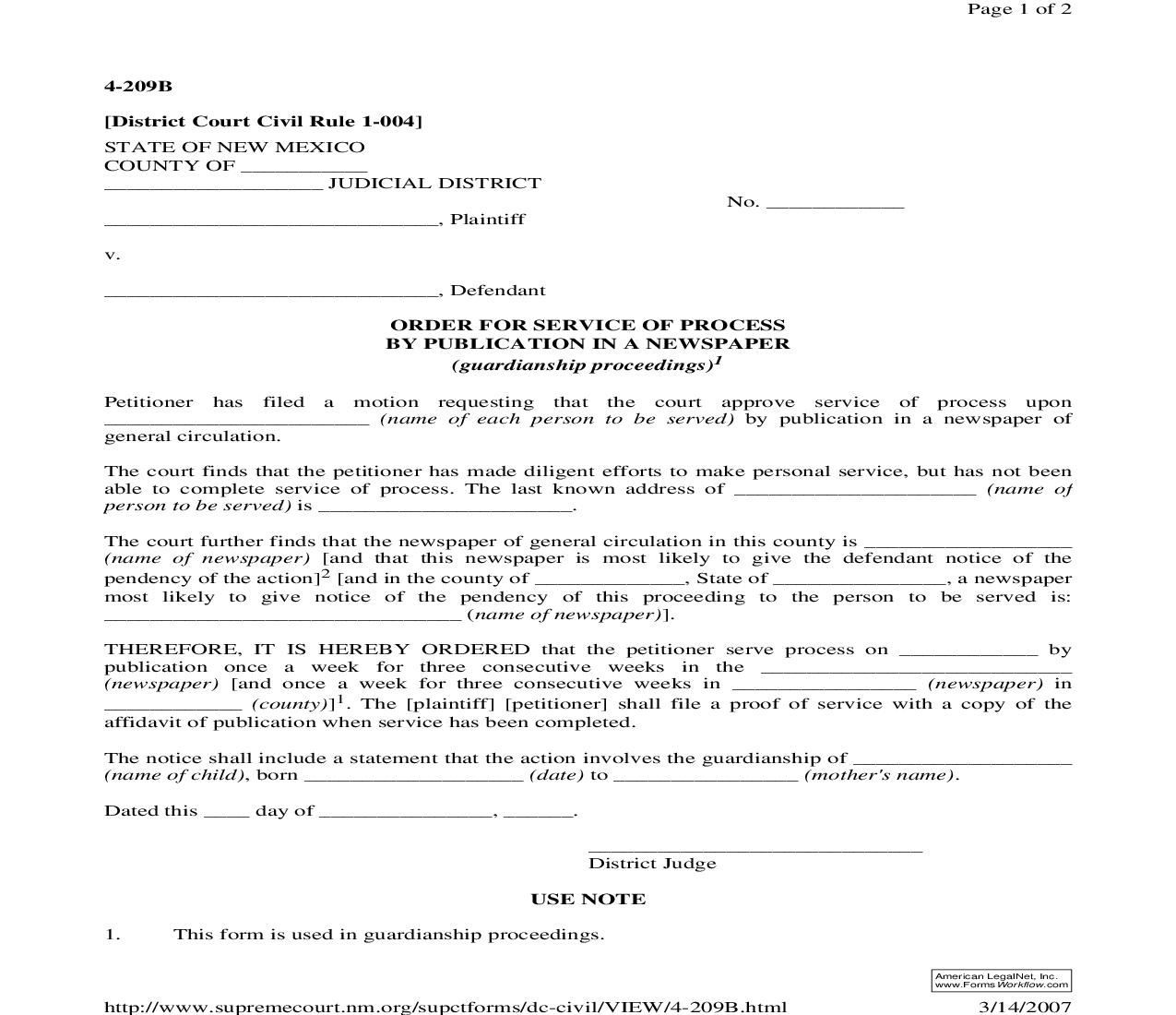 Order For Service Of Process By Publication In Newspaper (Guardianship Proceedings) {4-209B} |  | New Mexico