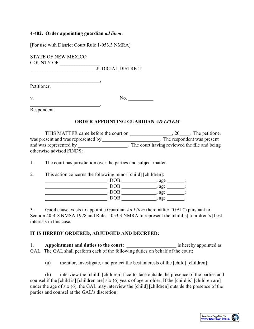 Order Of Appointment For Guardian Ad Litem {4-402} | Pdf Fpdf Docx | New Mexico