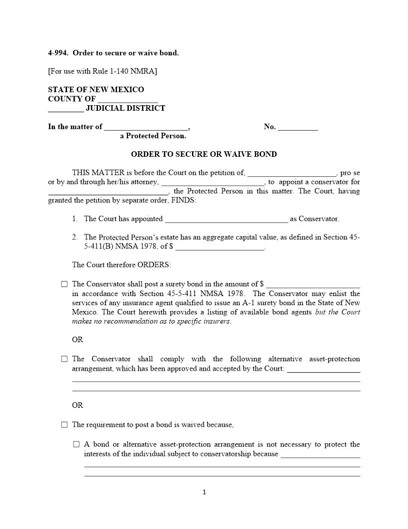 Order To Secure Or Waive Bond {4-994} | Pdf Fpdf Docx | New Mexico