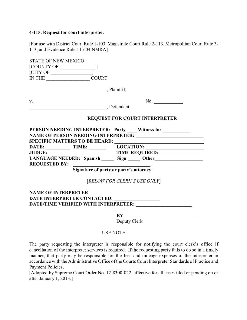 Request For Court Interpreter {4-115} | Pdf Fpdf Docx | New Mexico