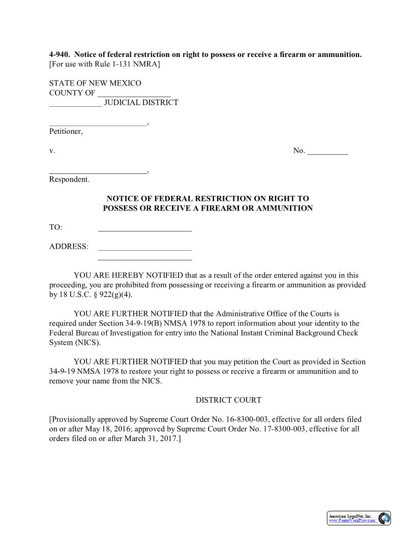 Restriction On Firearm Possession {4-940} | Pdf Fpdf Docx | New Mexico