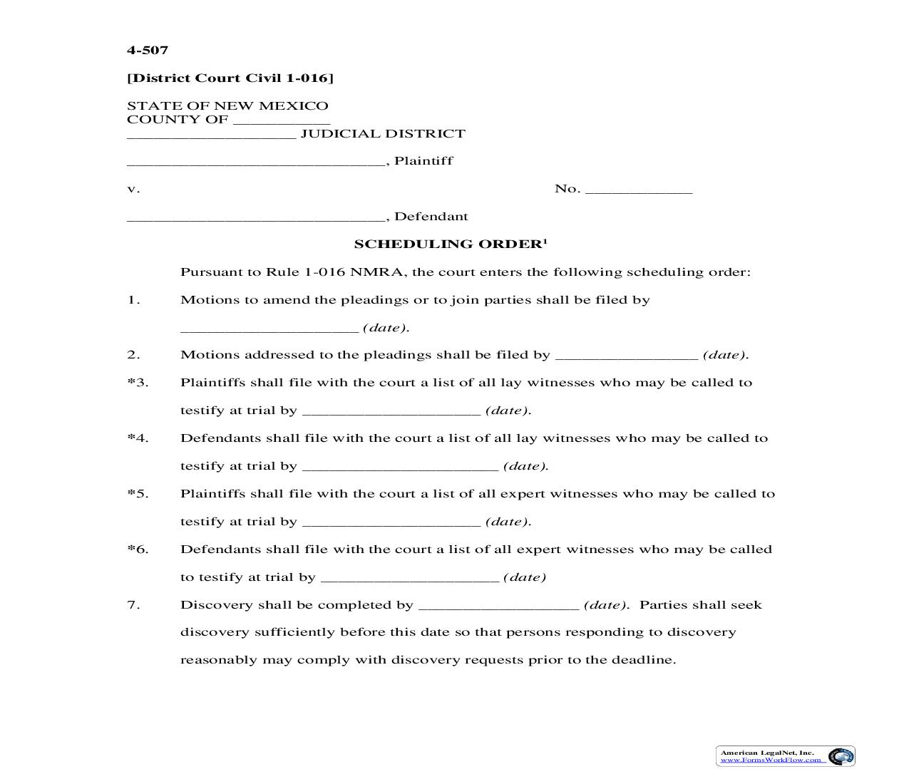 Scheduling Order {4-507} | Pdf Fpdf Doc Docx | New Mexico