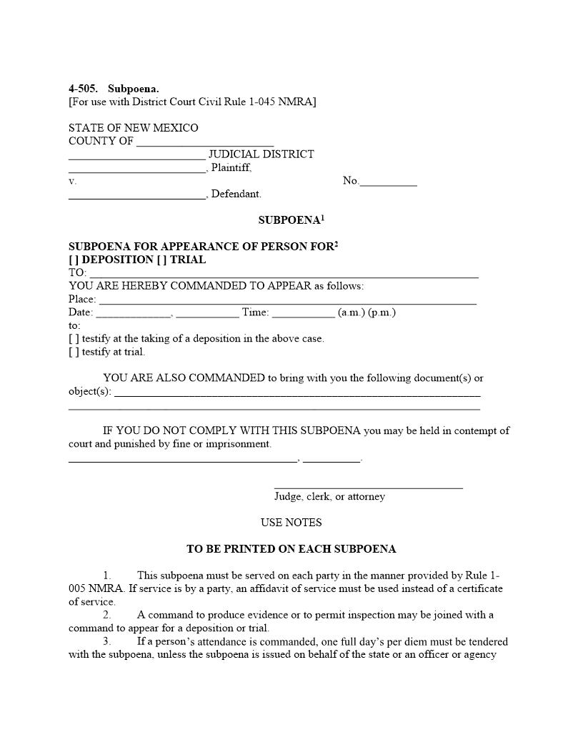 Subpoena (For Appearance Of Person For Deposition Or Trial) {4-505} | Pdf Fpdf Doc Docx | New Mexico
