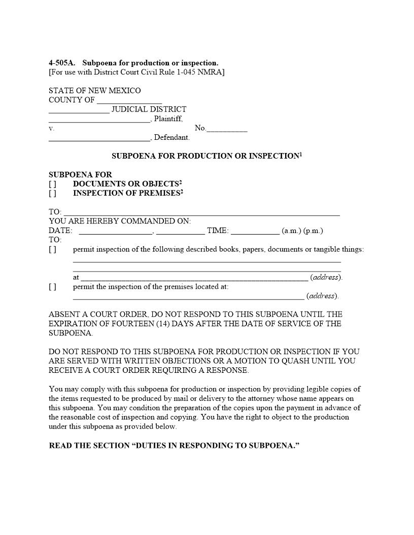 Subpoena For Production Or Inspection {4-505A} | Pdf Fpdf Doc Docx | New Mexico