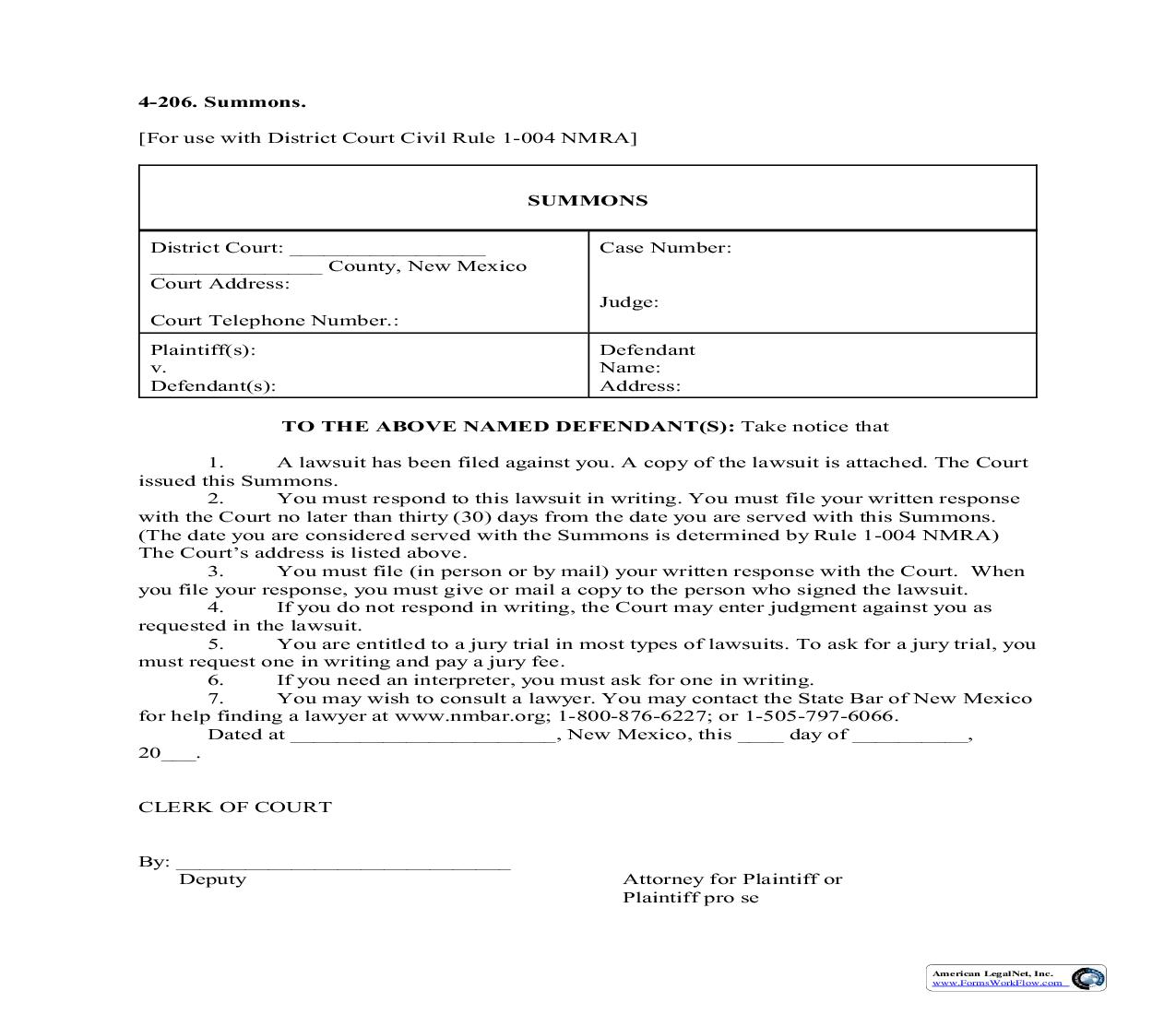 Summons {4-206} | Pdf Fpdf Doc Docx | New Mexico