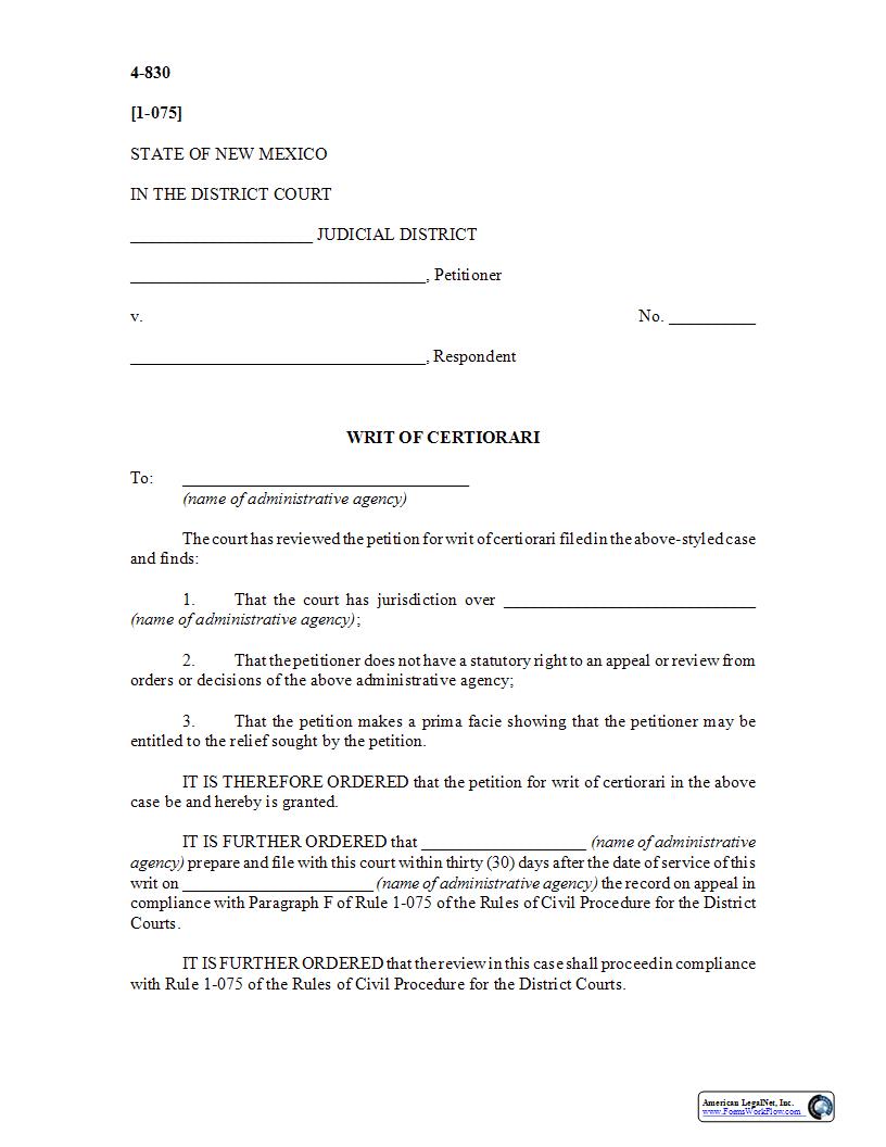 Writ Of Certiorari {4-830} | Pdf Fpdf Docx | New Mexico