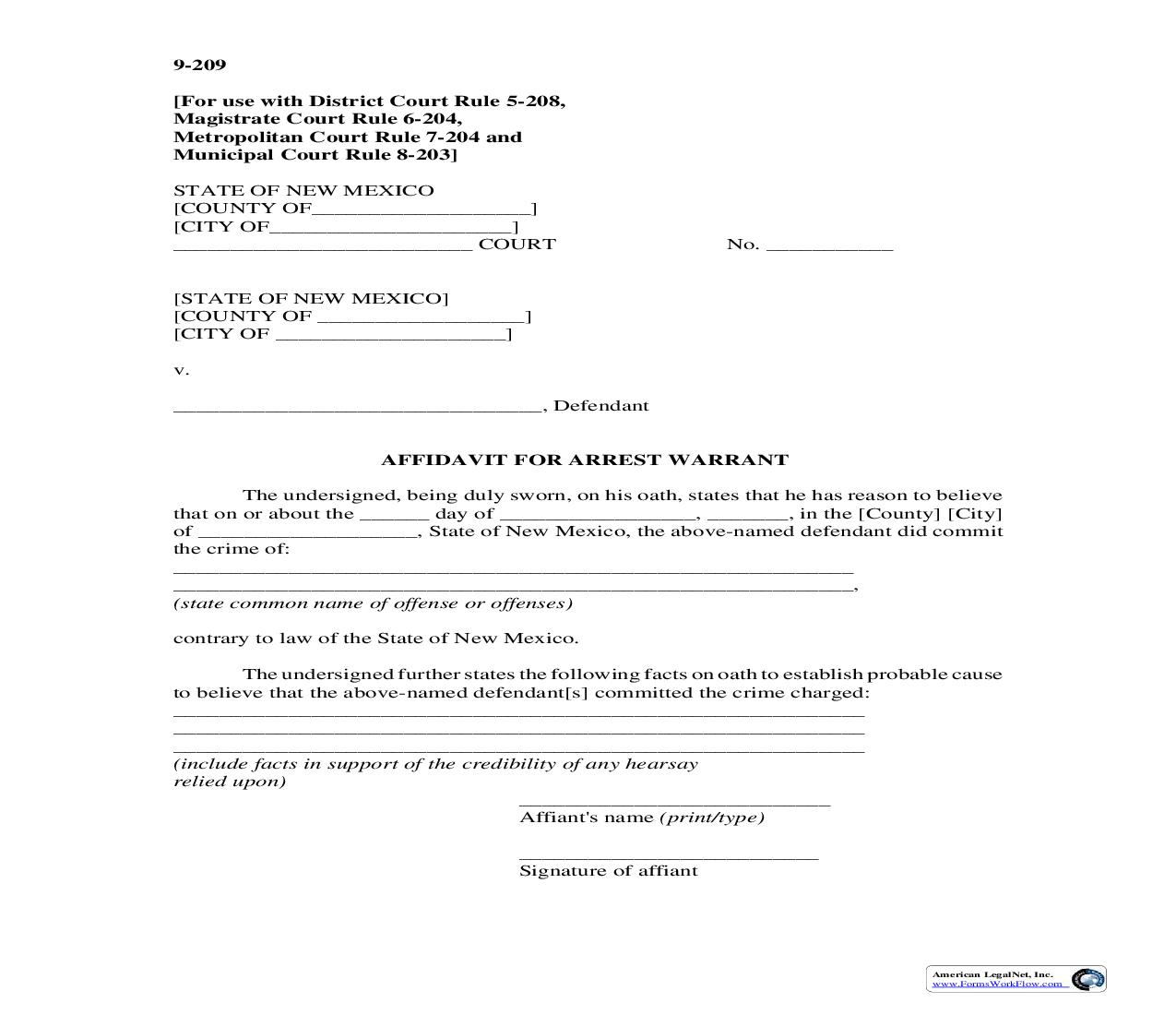 Affidavit For Arrest Warrant {9-209} | Pdf Fpdf Doc Docx | New Mexico
