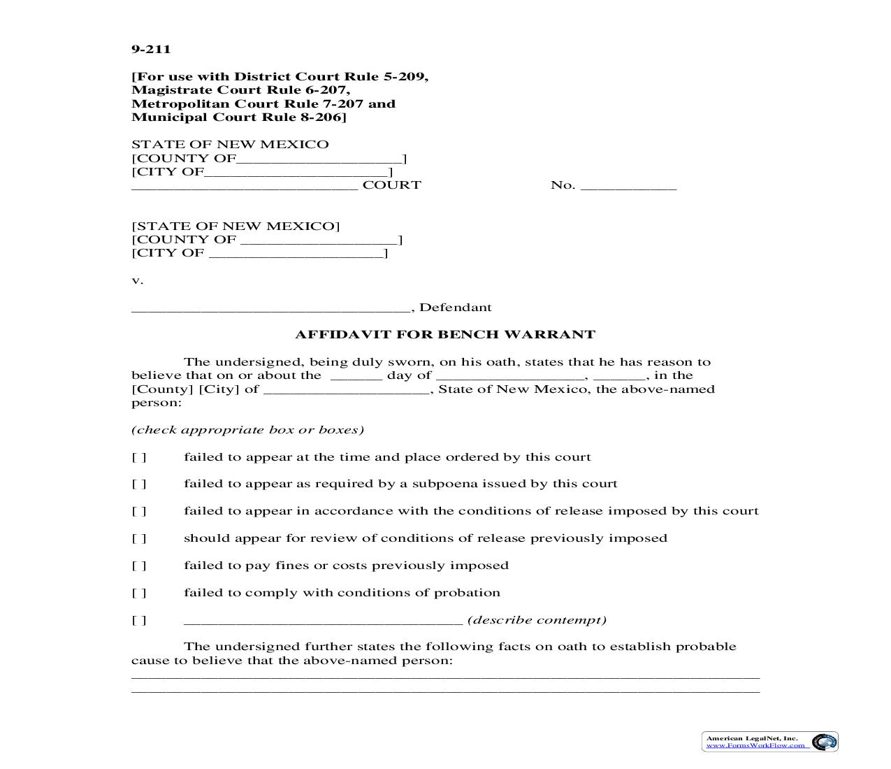 Affidavit For Bench Warrant {9-211} | Pdf Fpdf Doc Docx | New Mexico