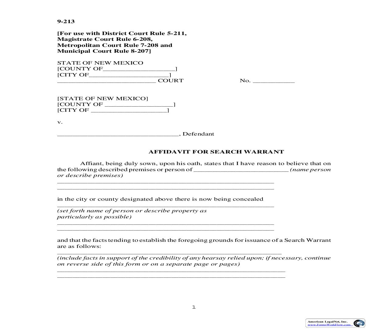 Affidavit For Search Warrant {9-213} | Pdf Fpdf Doc Docx | New Mexico