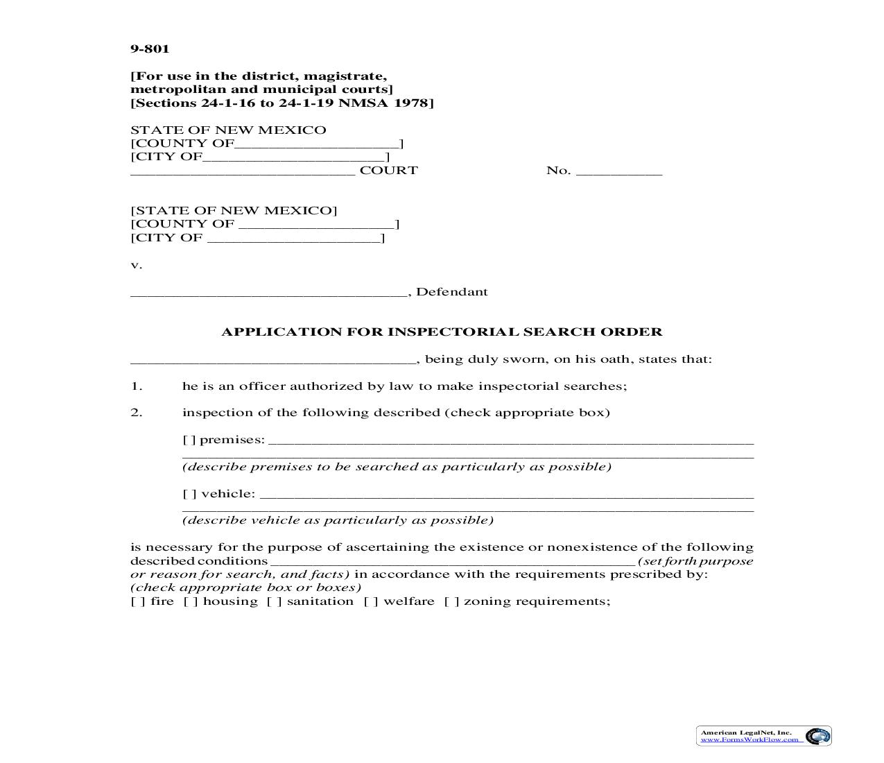 Application For Inspectorial Search Order {9-801} | Pdf Fpdf Doc Docx | New Mexico
