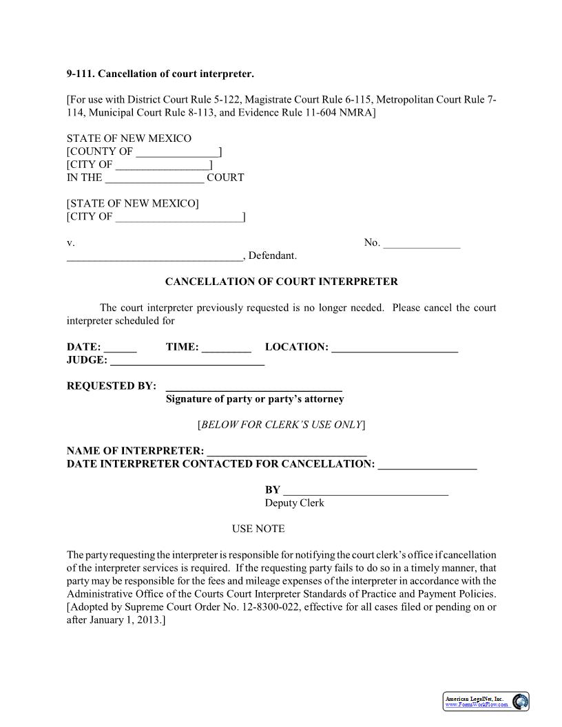 Cancellation Of Court Interpreter {9-111} | Pdf Fpdf Docx | New Mexico