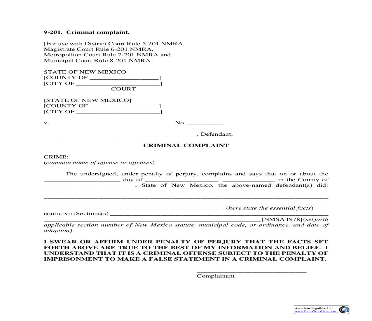 Criminal Complaint {9-201} | Pdf Fpdf Doc Docx | New Mexico