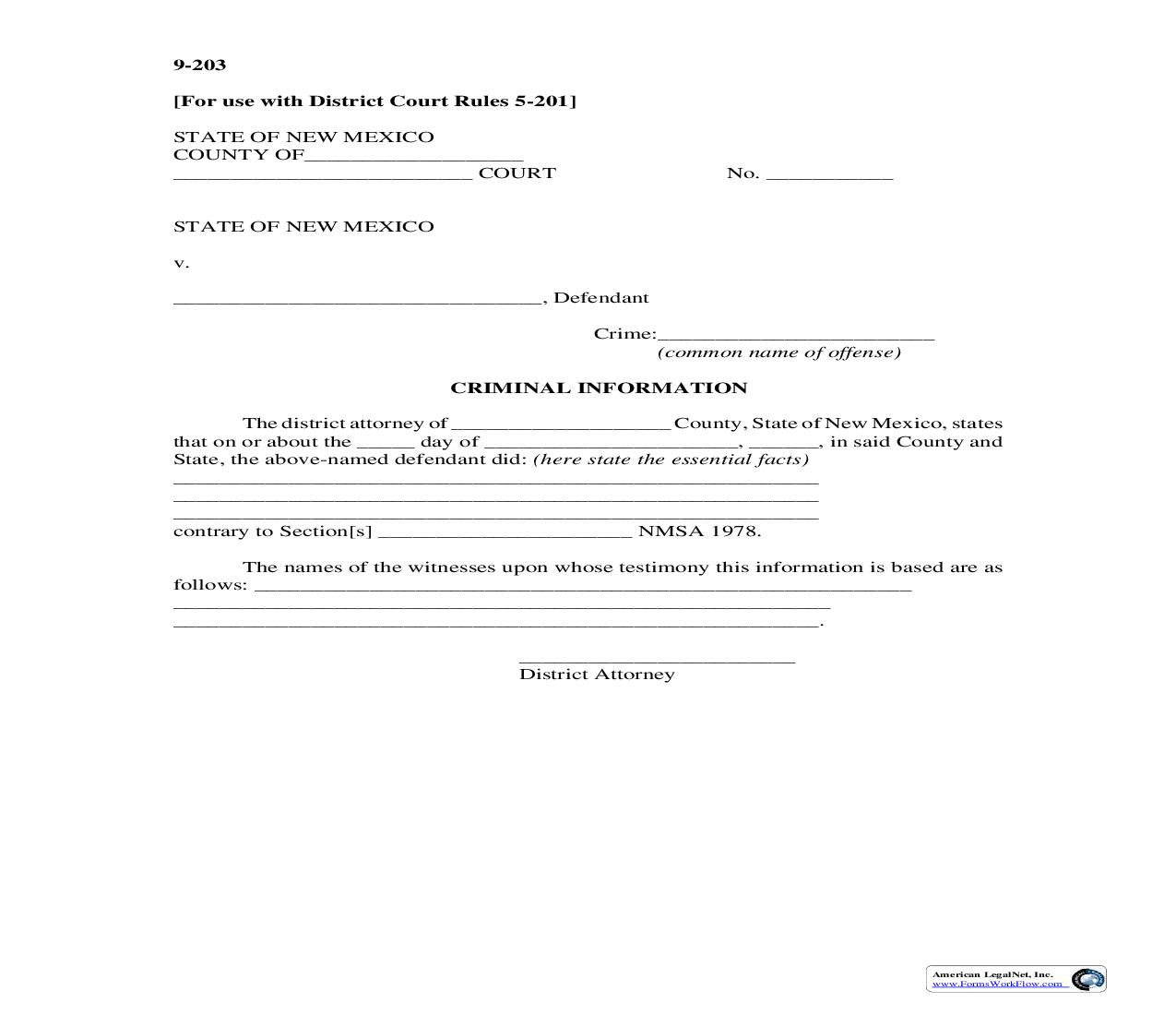 Criminal Information {9-203} | Pdf Fpdf Doc Docx | New Mexico