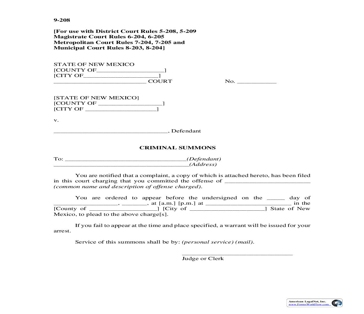 Criminal Summons {9-208} | Pdf Fpdf Doc Docx | New Mexico