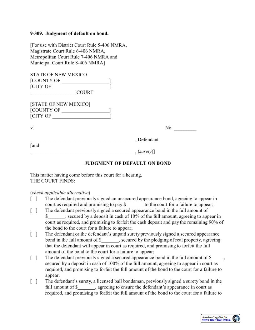 Default Judgment On Bond {9-309} | Pdf Fpdf Docx | New Mexico
