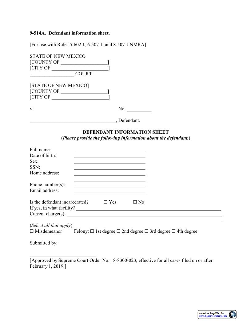 Defendant Information Sheet {9-514A} | Pdf Fpdf Docx | New Mexico