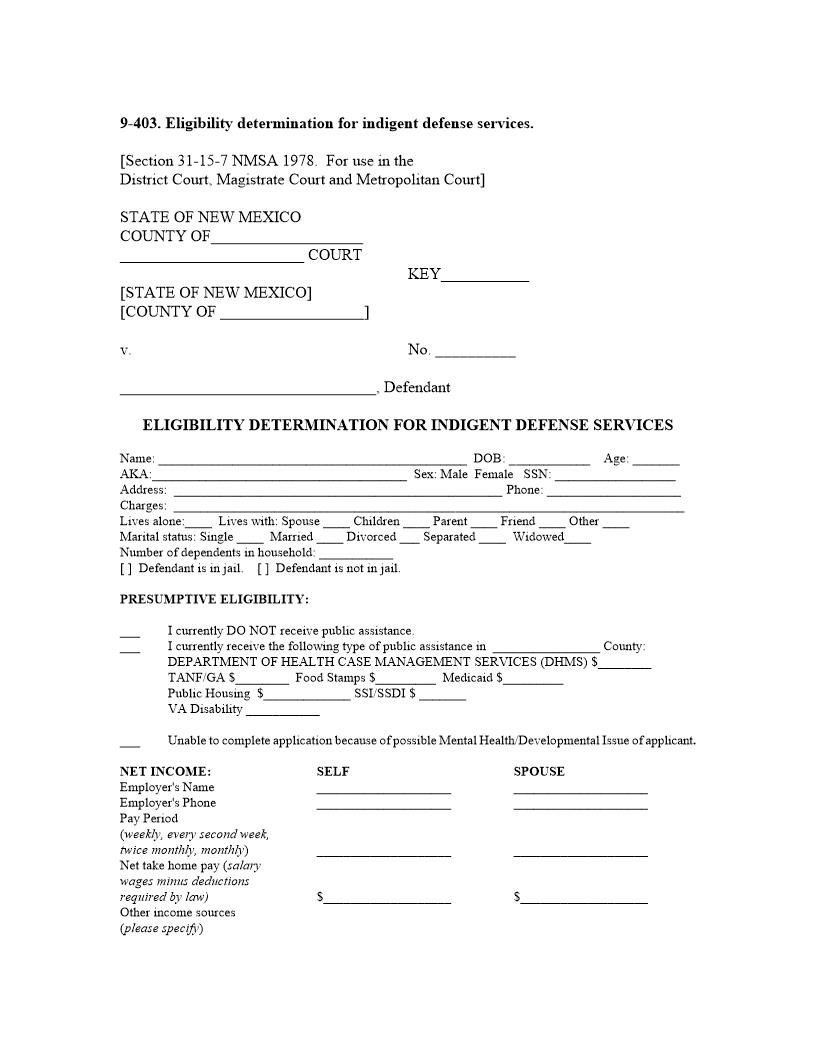 Eligibility Determination For Indigent Defense Services {9-403} | Pdf Fpdf Doc Docx | New Mexico