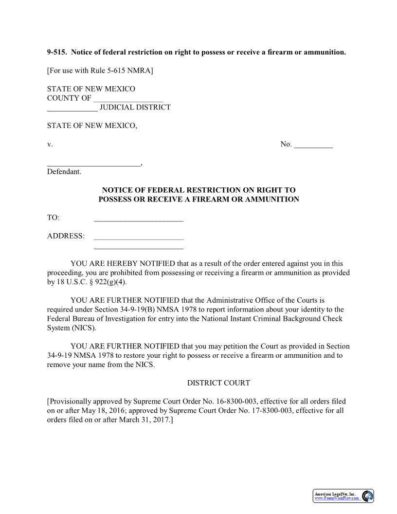 Firearm Restriction {9-515} | Pdf Fpdf Docx | New Mexico