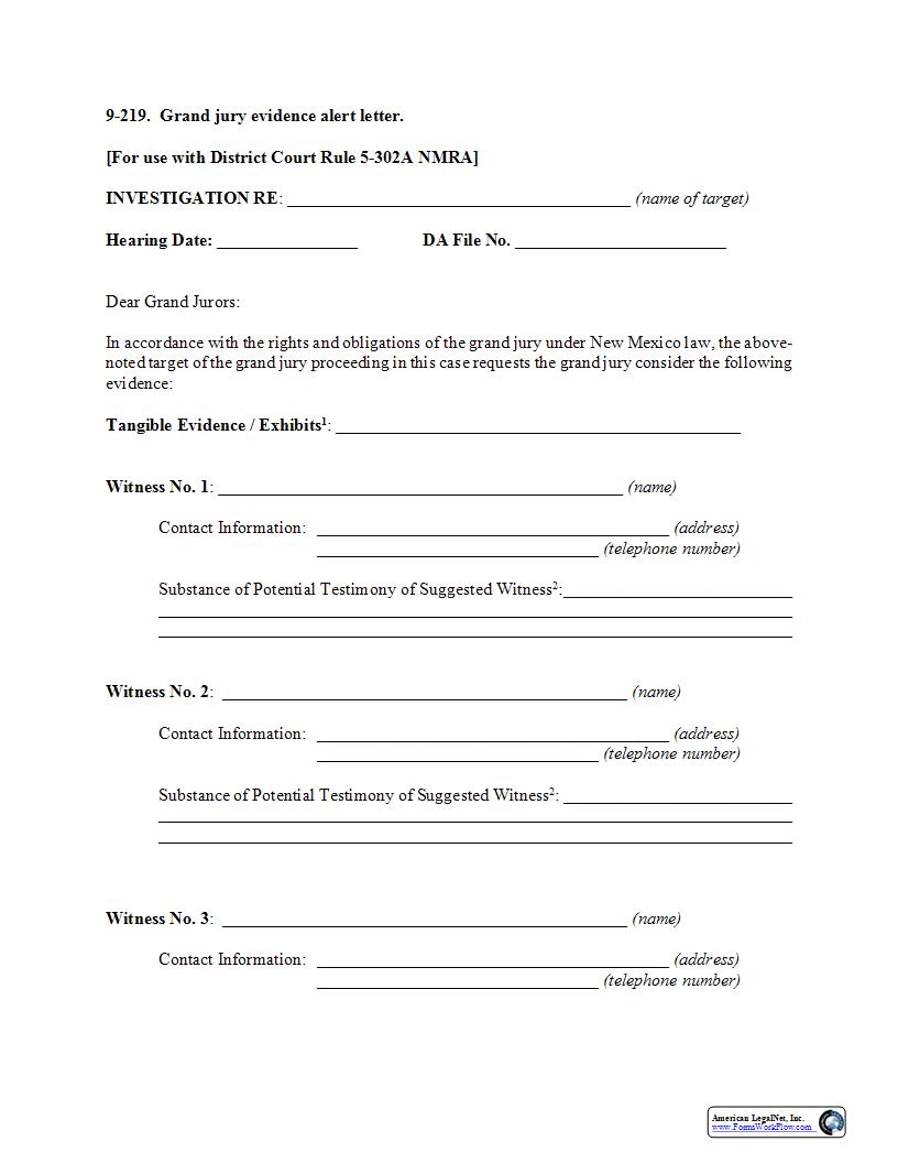 Grand Jury Evidence Alert Letter {9-219} | Pdf Fpdf Docx | New Mexico