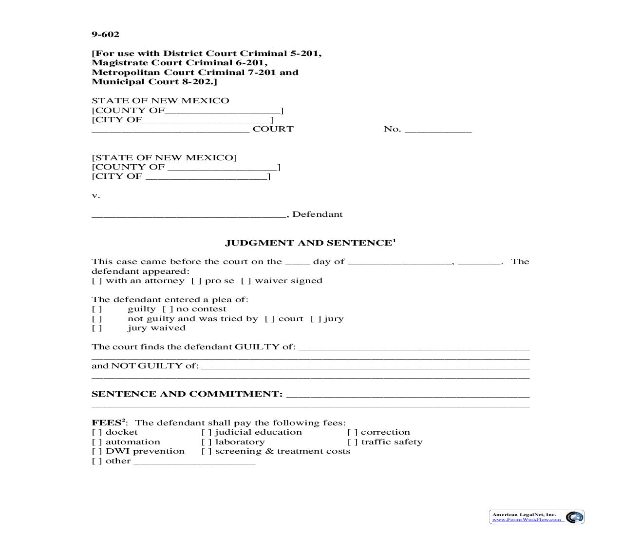 Judgment And Sentence {9-602} | Pdf Fpdf Doc Docx | New Mexico