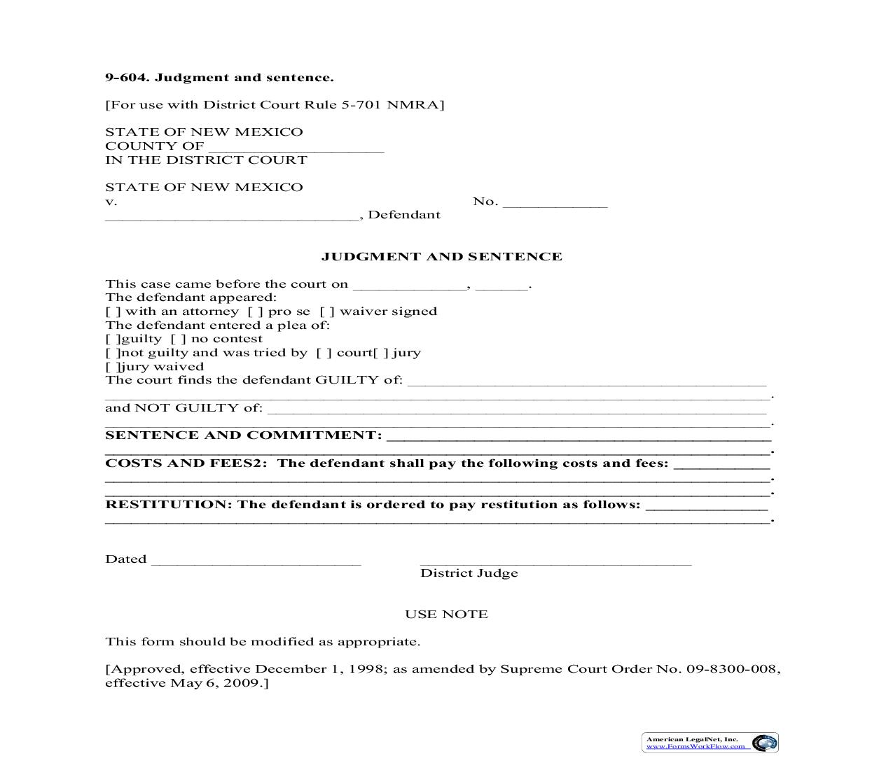 Judgment And Sentence {9-604} | Pdf Fpdf Doc Docx | New Mexico