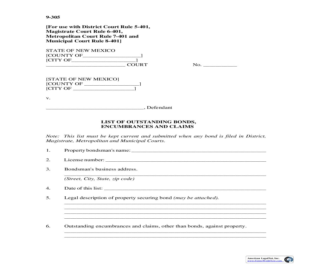 List Of Outstanding Bonds Encumbrances And Claims {9-305} | Pdf Fpdf Doc Docx | New Mexico