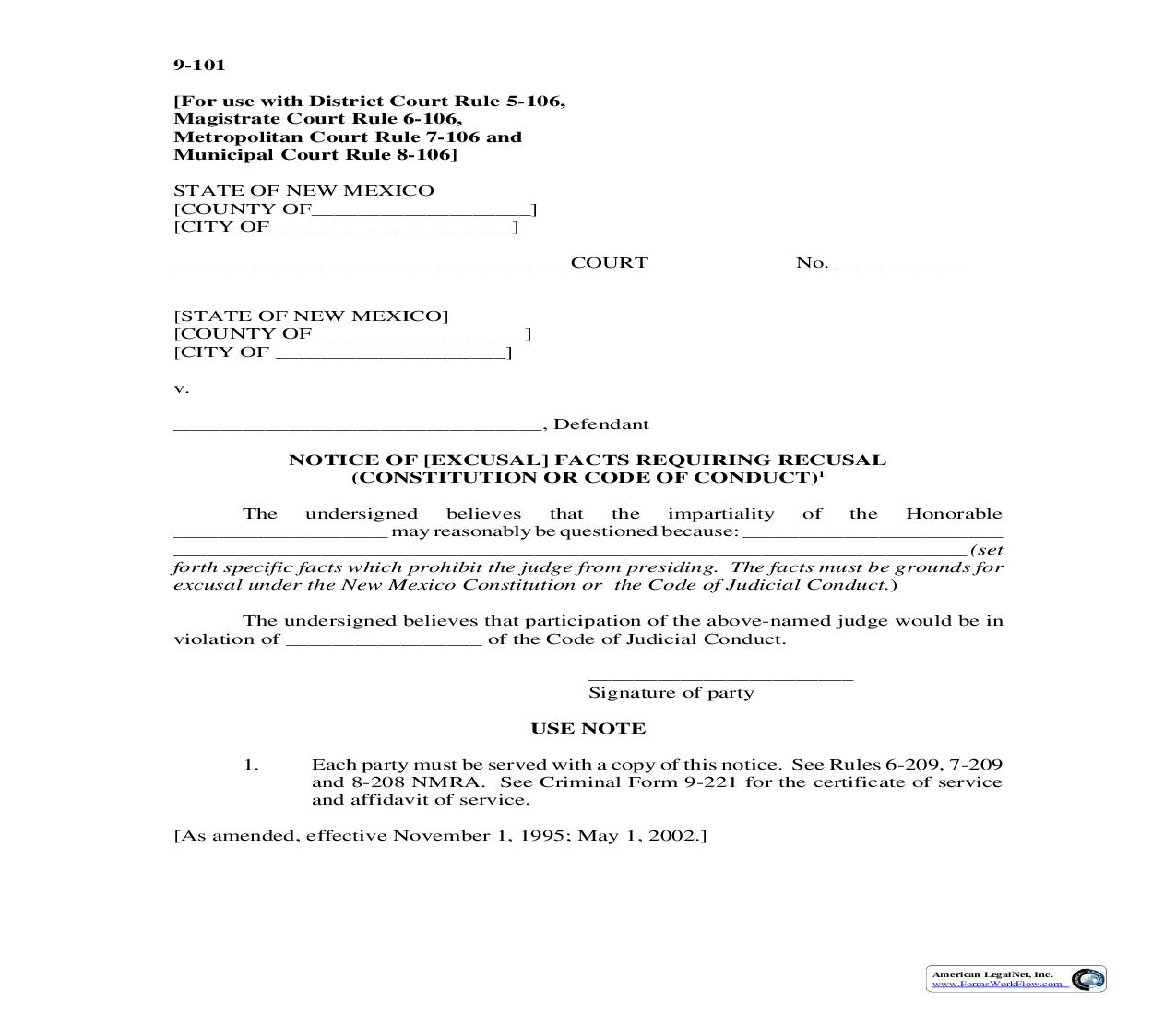 Notice Of (Excusal) Facts Requiring Recusal (Constitution Or Code Of Conduct) {9-101} | Pdf Fpdf Doc Docx | New Mexico